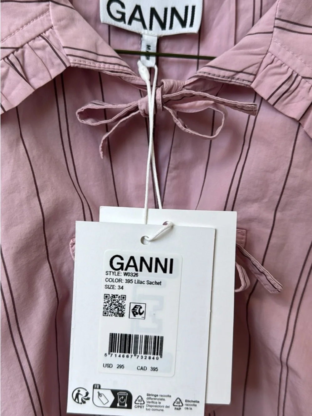 Ganni Pink Striped Tie-Bow Pyjama Shirt - Picture 5 of 6
